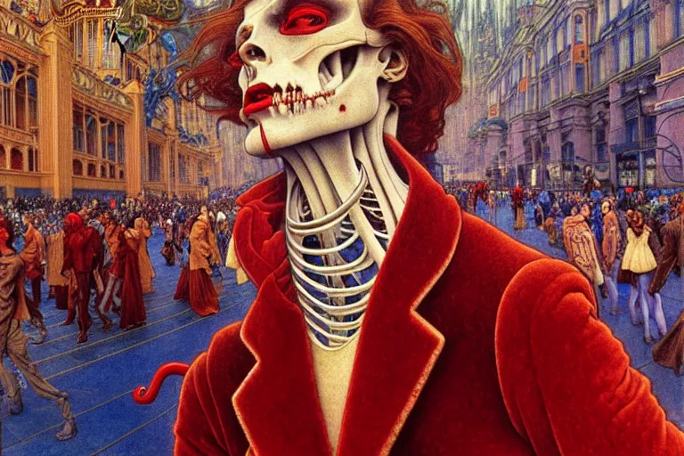 Image similar to realistic detailed closeup portrait painting of a single skeleton wearing red velvet blazer in a crowded futuristic moscow street by Jean Delville, Amano, Yves Tanguy, Alphonse Mucha, Ernst Haeckel, Edward Robert Hughes, Roger Dean, rich moody colours, blue eyes