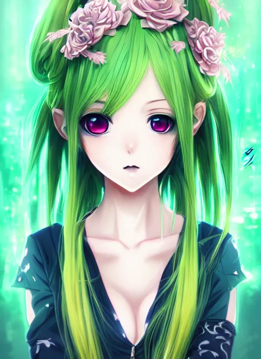 Prompt: very cute and beautiful anime girl portrait with highly detailed green eyes and pastel yellow hair, with intricate details, in professional modern anime style, made by ross tran, wlop, laica chrose, fashionable cute anime girl,