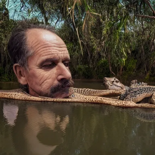 Image similar to man's face with clocks covering his eyes, looking at the camera walking near lake with crocodiles, high detail, soft lighting, intricate, 8 k