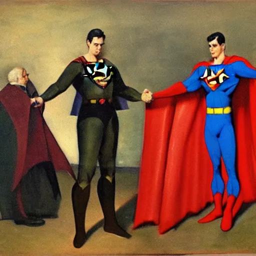 Prompt: Image of two people Superman and Batman shaking hands, oil painting, 1880