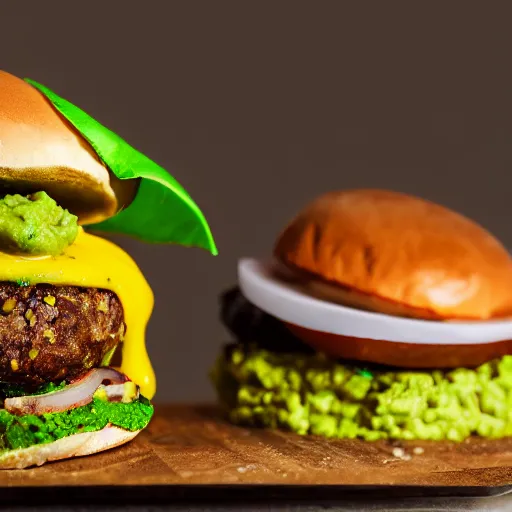 Prompt: juicy vegan hamburger topped with guacamole and fried onion and a vegan fried egg, crispy buns, 8 k resolution, professional food photography, studio lighting, sharp focus, hyper - detailed