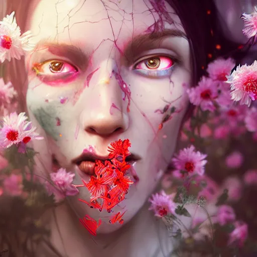 Image similar to beautiful girl necromancer, witch - doctor exploding into flowers by wlop, hyper - realistic detailed portrait by ilya kuvshinov, rtx reflections, octane 1 2 8 k, extreme high intricate details, digital abstract art by ross tran, medium shot, close up shot, composition by sana takeda, lighting by greg rutkowski