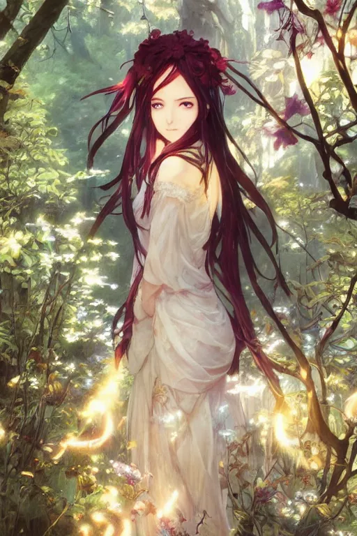 Prompt: anime key visual of a beautiful young female scarlette witch intricate, magical forest, stunning, highly detailed, digital painting, artstation, smooth, hard focus, illustration, art by artgerm and greg rutkowski and alphonse mucha