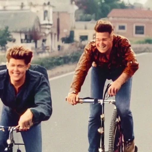 Prompt: photorealistic screenshot from a golden earring - going to the run clip ed's got the looks of a moviestar eds got the smile of a prince he ride a bike instead of a car i wanna be his friend