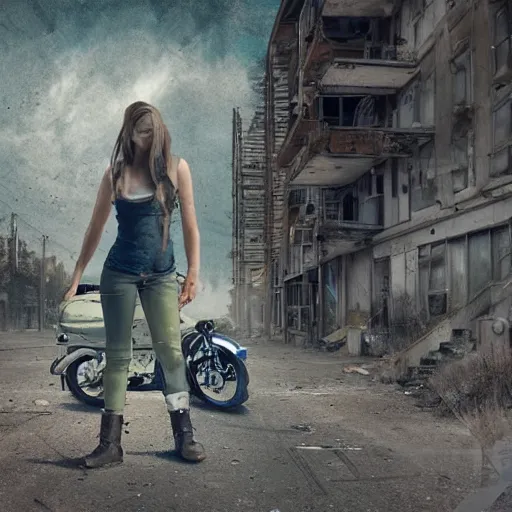 Image similar to A lonely lost girl searching for her family on a motorcycle in an abandoned city, post apocalyptic scene, digital futuristic extraterrestrial art