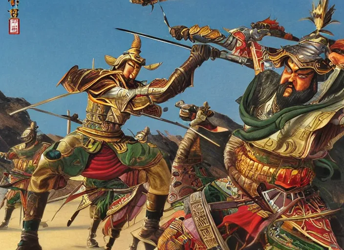 Image similar to lu bu versus zhang fei, guan yu, and liu bei as illustrated by ralph mcquarrie during the golden hour