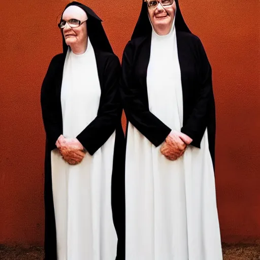 Image similar to award winning photo Floating twin nuns wearing translucent habits Very long arms, smiling, in a sanctuary, eerie, frightening, glowing eyes —width 1024 —height 1024