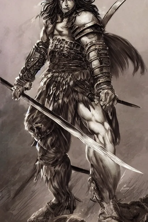 Image similar to A realistic anime portrait of a young handsome male barbarian with long wild hair, intricate fantasy spear, plated armor, vivid colors, colored, D&D, dungeons and dragons, tabletop role playing game, rpg, jrpg, digital painting, by Frank Frazetta and Kentaro Miura, concept art, highly detailed, promotional art, HD, digtial painting, trending on ArtStation, golden ratio, rule of thirds, SFW version