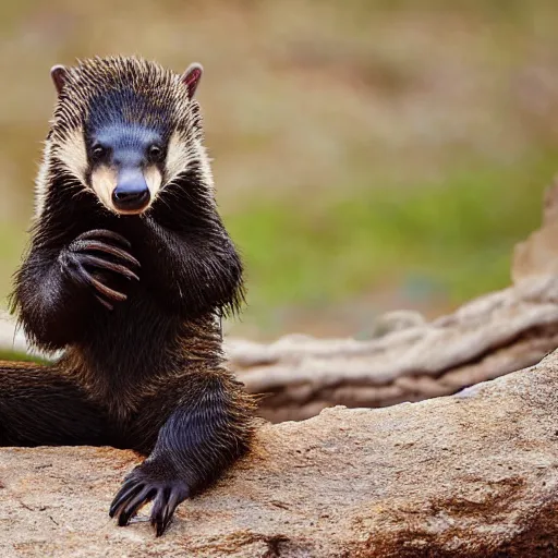 Prompt: A honey badger with hands instead of paws, caring for people. Photograph, realistic