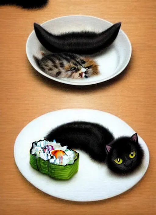 Image similar to clear photorealistic picture of adorable cats made out of sushi