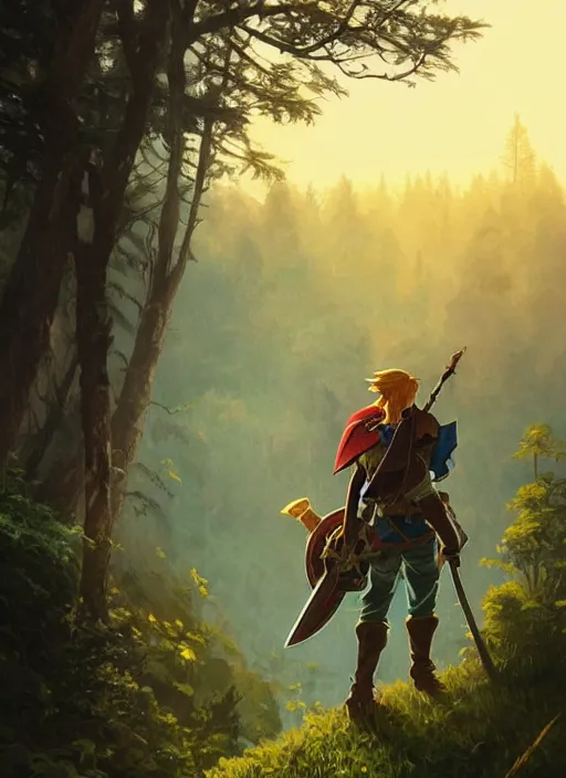 Image similar to link legend of zelda with shield on his back standing at a forest looking for adventure in the mountains, tall trees, landscape is lush, moody sunset in background, greg rutkowski, alphonse mucha, trending on artstation, artgerm, unreal engine, breathtaking, award winning, highly detailed