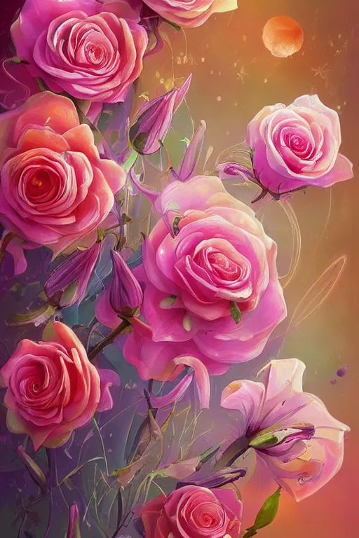 Prompt: beautiful digital matter cinematic painting of whimsical botanical illustration of roses and lilies and pearls whimsical scene by greg rutkowki and alena aenami artstation