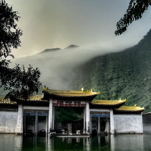 Image similar to there is a village on the crescent moon. the clouds and mist surround it. the clouds form a waterfall and pour into the lake below. the lake is also like a broad mirror, reflecting the crescent moon and the village. village building is an ancient chinese building, covered with glazed tiles and white marble pillars, gauze curtain fluttering.