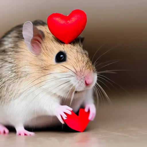 Prompt: detailed photo of a hamster holding a valentine's letter with a red heart on it, various poses, full body, unedited, daylight, dof, sharp focus, 8 k