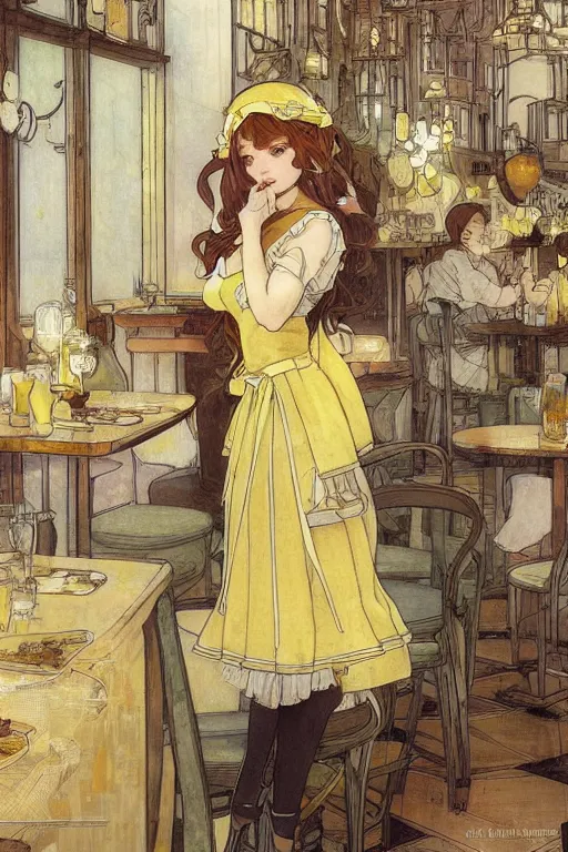 Prompt: A girl in a maid's outfit in a cafe a afternoon, wavy hair yellow theme,S line,45 angel by mucha and range murata and greg rutkowski