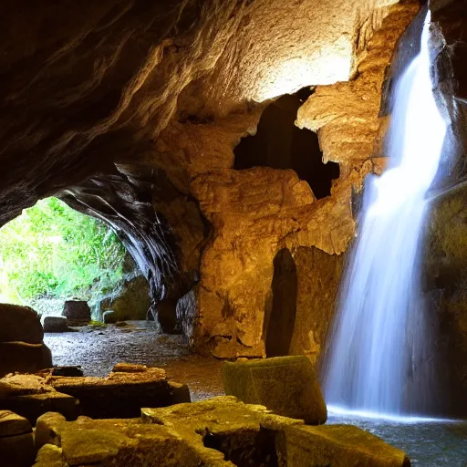 Image similar to ancient ruins and waterfalls in the interior of a cave