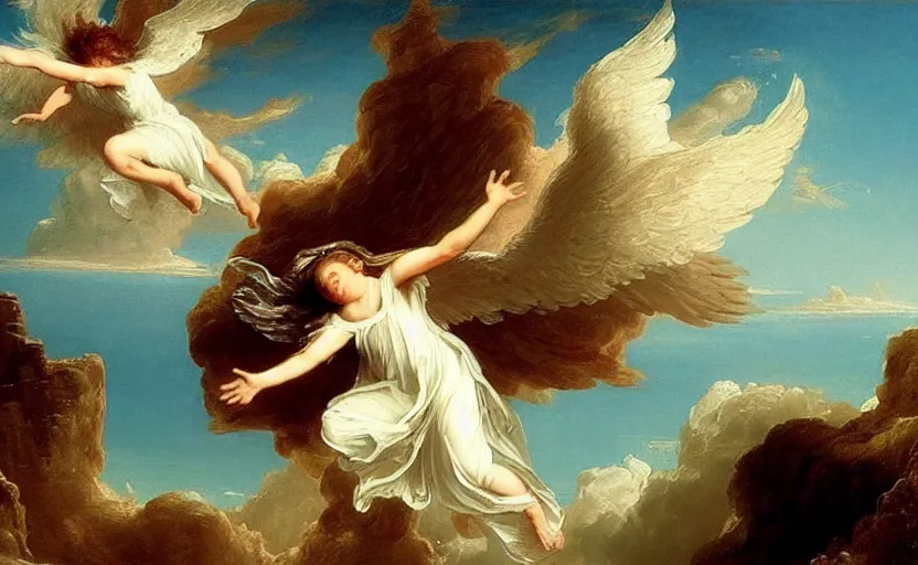 Image similar to a young beautiful angel wearing white angelic clothes flying among heaven and hell painted by thomas cole