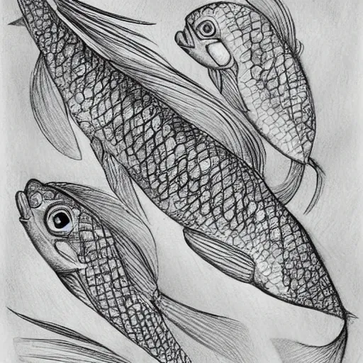 Prompt: pencil sketch of beautiful coy fishes, digital art, traditional, paper, pencil sketch, book cover