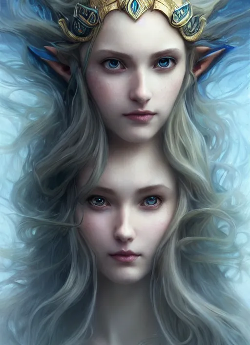 Prompt: beautiful one face portrait of a seductive princess zelda underwater murky light, wind blown hair! dark fantasy esoteric, closeup, d & d, fantasy, intricate, elegant, highly detailed, digital painting, artstation, concept art, matte, sharp focus, illustration, art by artgerm and tom bagshaw and greg rutkowski and alphonse mucha