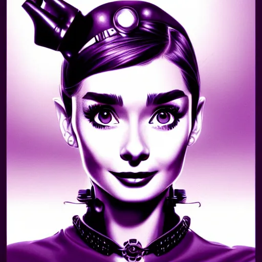 Image similar to in the style of diego fazio, artgerm, beautiful audrey hepburn, steampunk, elegant pose, middle shot, spooky, symmetrical face symmetrical eyes, three point lighting, detailed realistic eyes, short neck, purple and green top clothing, insanely detailed and intricate elegant