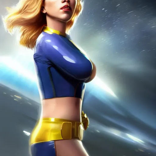 Prompt: Scarlett Johansson as Sue Storm from Fantastic Four, vertical photo, concept art