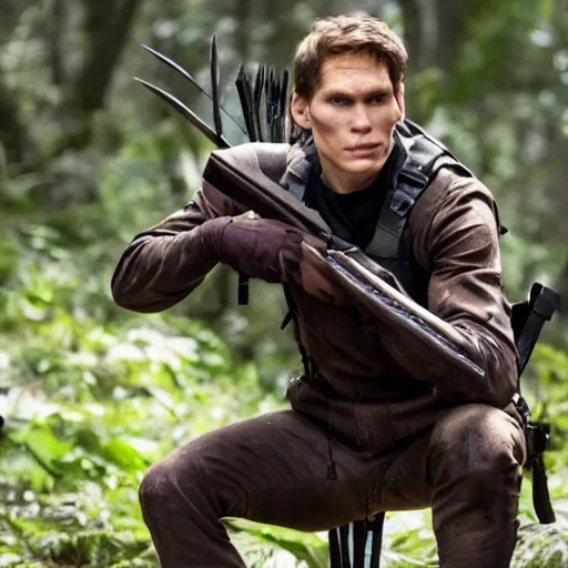 Image similar to Live Action Still of Jerma in The Hunger Games, real life, hyperrealistic, ultra realistic, realistic, highly detailed, epic, HD quality, 8k resolution, body and headshot, film still