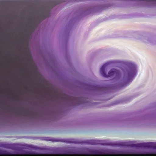 Image similar to a detailed oil painting of a purple tornado descending from the clouds in the ocean. the color of the tornado is purple, and its really realistic