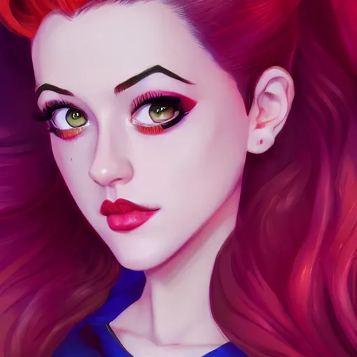 Image similar to a portrait of Lili Reinhart Batgirl red hair, art by lois van baarle and loish and ross tran and rossdraws and sam yang and samdoesarts and artgerm, digital art, highly detailed, intricate, sharp focus, Trending on Artstation HQ, deviantart, unreal engine 5, 4K UHD image