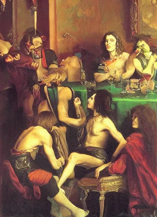 Prompt: glam rocker drinking brutal and raw wine bacchanals with his friends, inside a green room with red lights, renaissance painting, greg rutkowski, alberto mielgo, joaquin sorolla, greek style