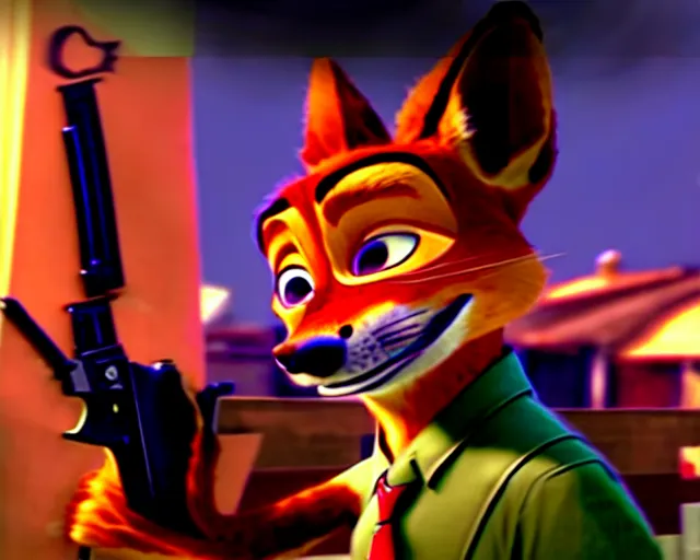Prompt: nick wilde as max payne in max payne 3 set in gritty neo - noir zootopia, favela / furvela shootout