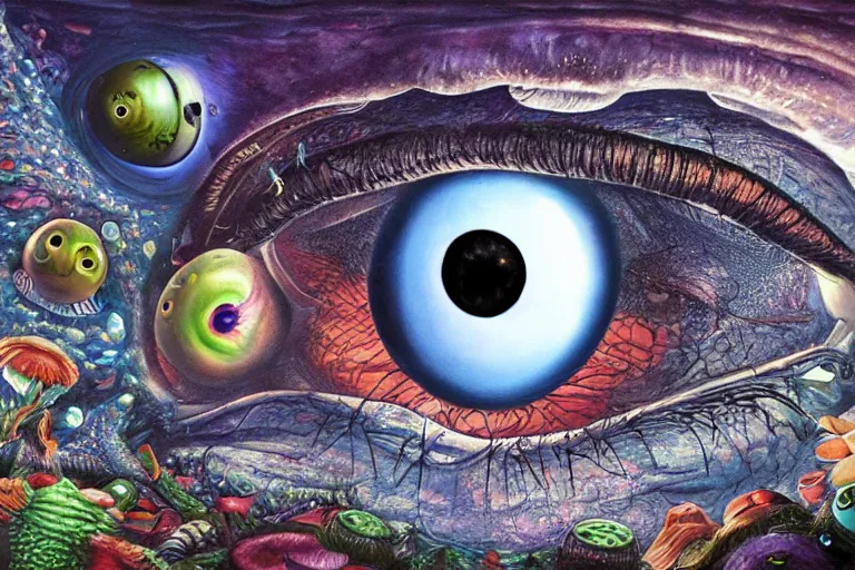 Prompt: highly detailed dreamscape of 3 dimensional highly realistic floating and flying eyeballs of all sizes