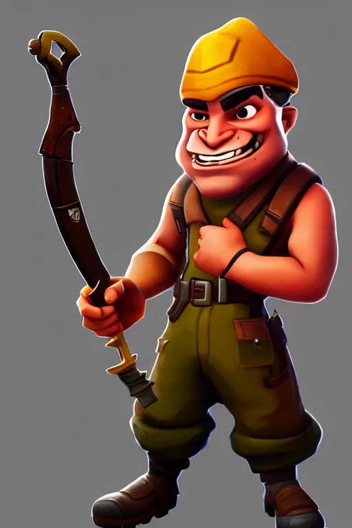 Image similar to beautiful highly detailed realistic stylized portrait of a small wacky guy with a sword, team fortress 2, fortnite, torchlight, heartstone, detailed character art, portrait, trending on artstation