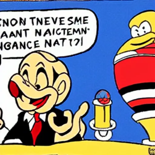 Image similar to a cartoon character of Benjamin netanyahu by Carl Barks.