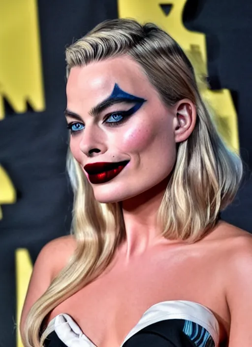 Image similar to beautiful margot robbie with joker makeup tattoo design, holding an ace card, black and white, realism tattoo, hyper realistic