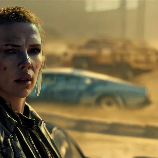 Image similar to Fury Road driver scarlett johansson tragedy in Cyberpunk 2077. CP2077. 3840 x 2160