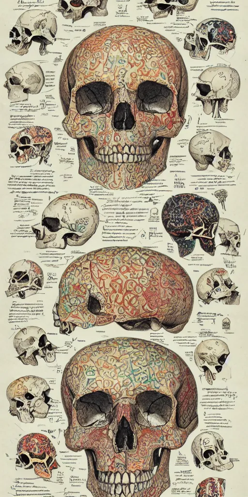 Image similar to anatomy of a skulls, diagrams, map, marginalia, sketchbook, old script, inhabited initials, pastel infographic by Wes Anderson and victo ngai