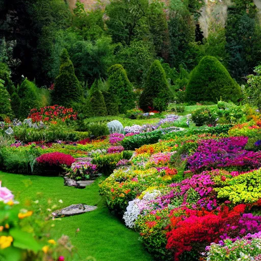 Image similar to a gorgeous garden on the edge of a cliff filled with beautiful flowers of all colors and from all around the world