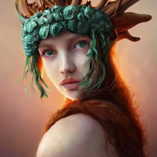 Prompt: A beautiful digital painting of freya allen, teal skin, antler crown made from wood on her head and brown curly hair with orange oak leaves, D&D, fantasy, intricate, beautiful green eyes, cinematic lighting, highly detailed, digital painting, Artstation, concept art, smooth, sharp focus, illustration, art by Artgerm and Greg Rutkowski and Alphonse Mucha