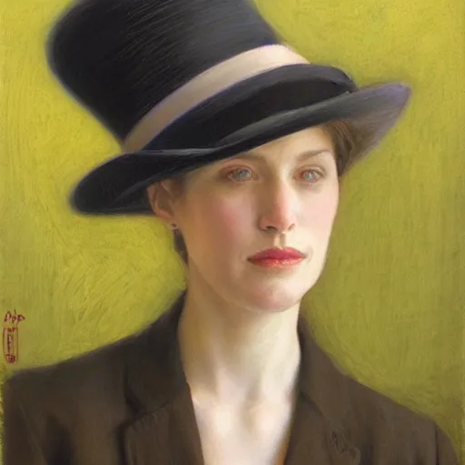 Image similar to portrait of a woman wearing a bowler hat, by donato giancola.