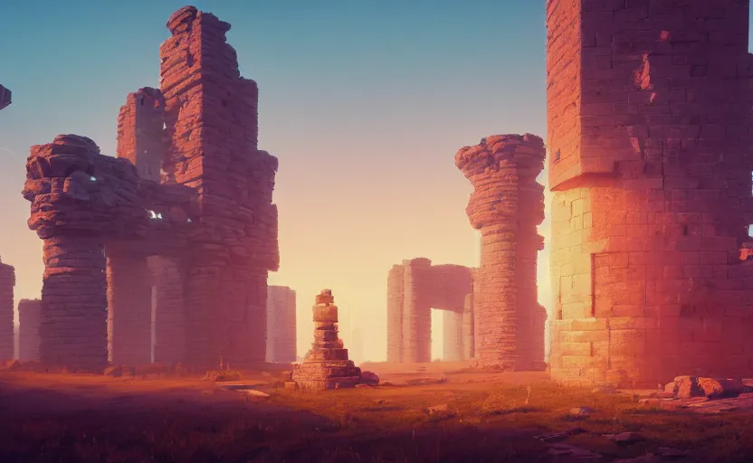 Prompt: A landscape with a giant stone brick tower with pillars on top at sunset, magical portal, cyberpunk, Low level, rendered by Beeple, Makoto Shinkai, syd meade, simon stålenhag, environment concept, synthwave style, digital art, unreal engine, WLOP, trending on artstation, 4K UHD image, octane render