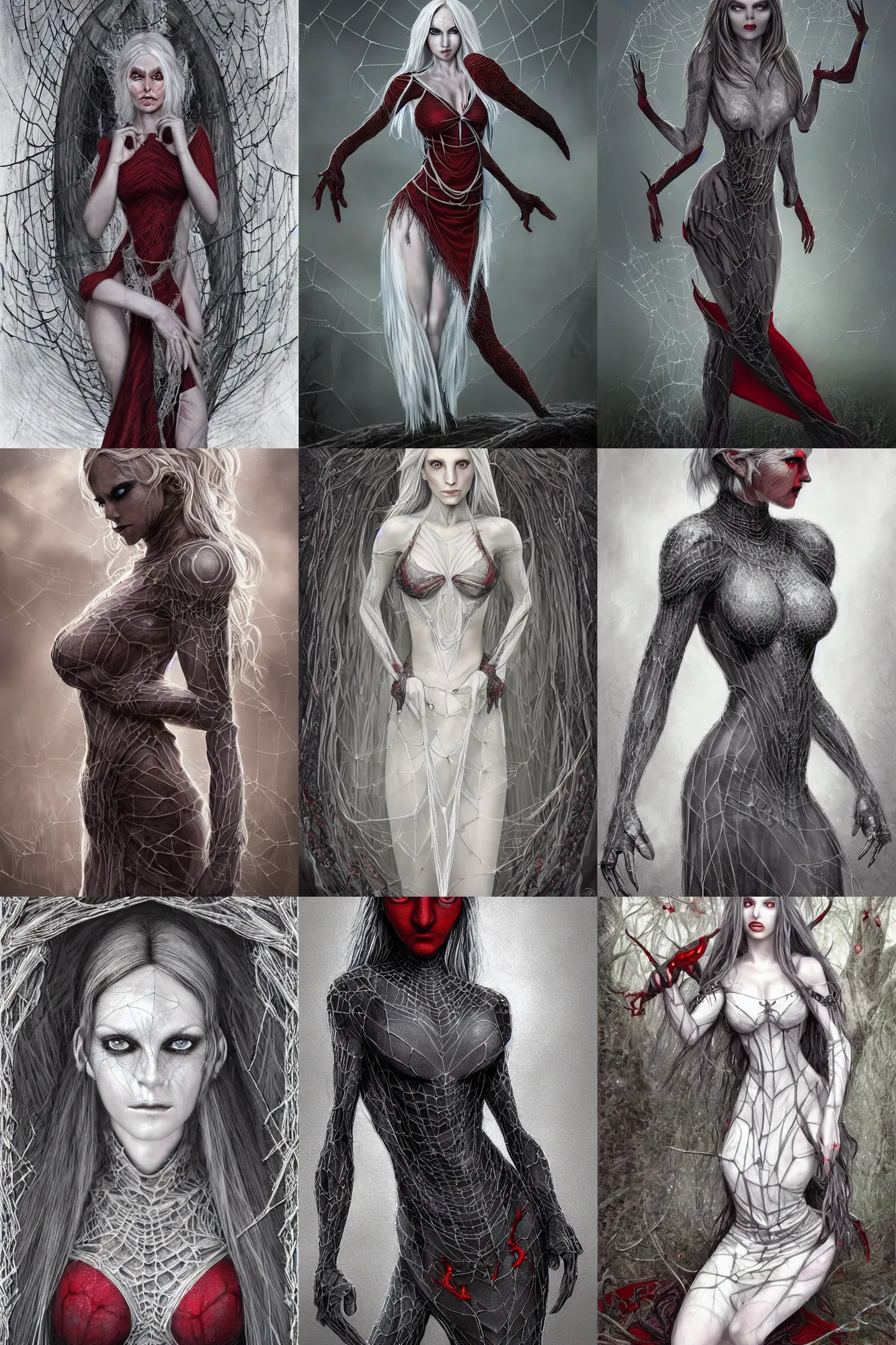 Prompt: alluring full-body portrait of beautiful female grey elf (beautiful, dark grey skin, red eyes, white hair, symmetrical face) wearing a low-cut chesty dress made of spider webs, dark fantasy, D&D, digital art, highly detailed, award winning, concept art, intricate, smooth, sharp focus, photorealistic, art by Larry Elmore