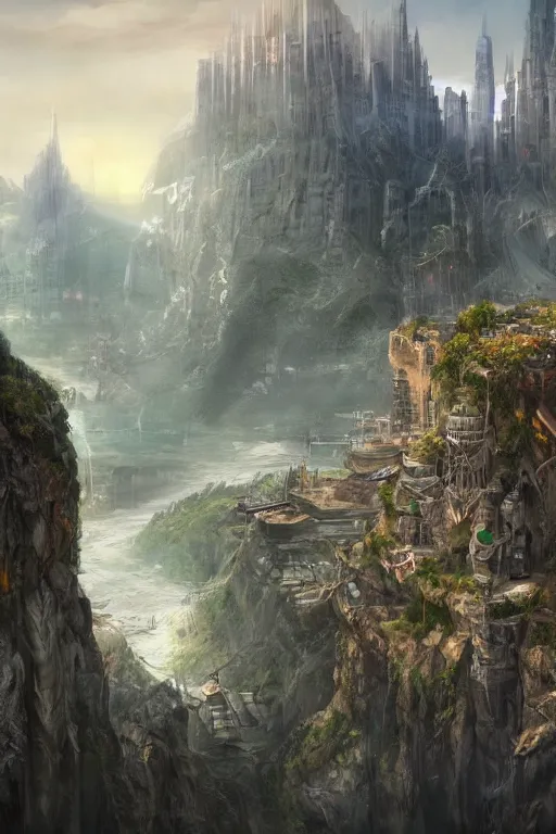 Prompt: fantasy metropolis of tall towers at the top of a cliff looking over a river, matte painting, concept art, trending on artstation, HD