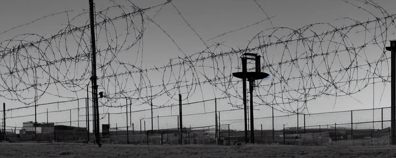 Image similar to military industrial complex, night, spotlights, watchtower, hangers, fences, barbed wire