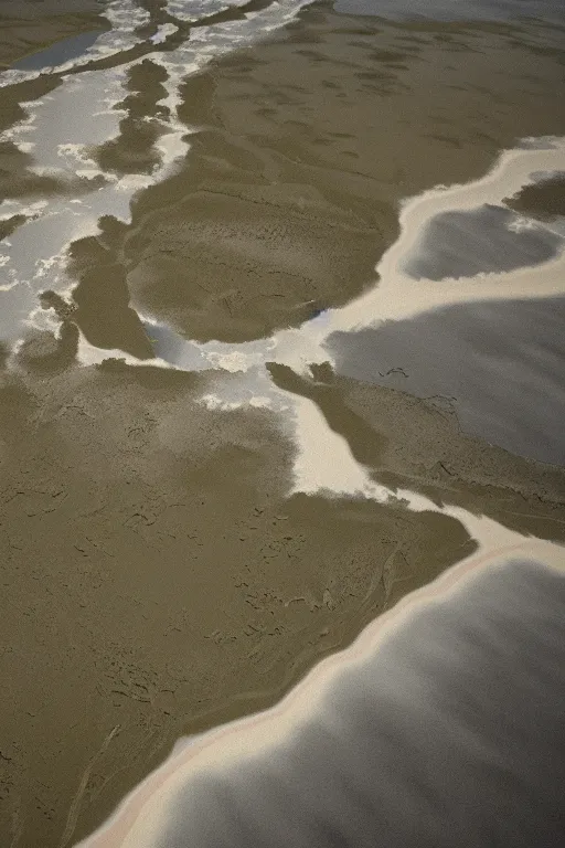 Prompt: wide angle shot of muddy river delta leading to turbulent sea by hiroshi yoshida, roger deakins, turner, rothko, full height fluid simulation in houdini, hyperrealism, swampland, matte painting, top view, trending on artstation, 8 k high detail concept art, rendered in octane