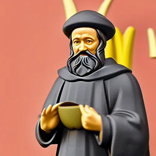 Image similar to Photograph of theologican John Calvin Happy Meal Toy figure made of plastic, 50 mm photo, McDonalds restaurant interior background