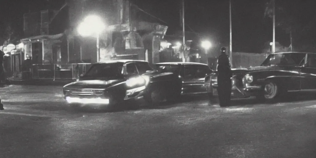 Prompt: film still of a car waiting in the night with two cops in it