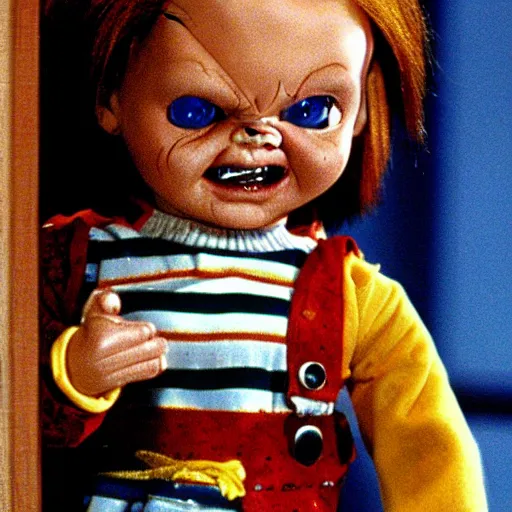 Image similar to Chucky the killer doll from the movie Child's Play in an episode of Full House