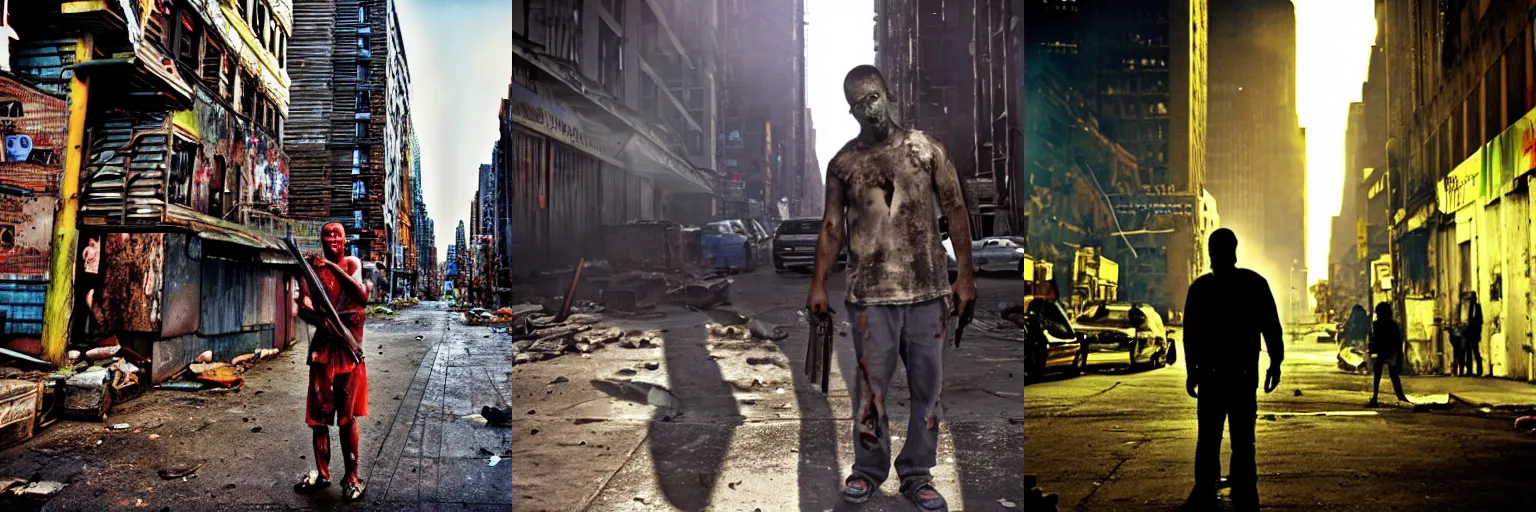 Prompt: <photo location='new york slums' hd lighting=vibrant>man stands defiantly against the zombie horde</photo>