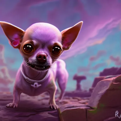 Image similar to an ascended chihuahua living in an extradimensional reality, in the style of wlop, illustration, epic, fantasy, hyper detailed, smooth, unreal engine, sharp focus, ray tracing, physically based rendering, renderman, beautiful