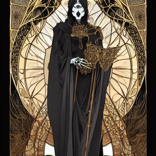 Image similar to a skeleton in a black cloak, highly detailed, very intricate, art nouveau, gold filigree, left right symmetry, tarot concept art watercolor illustration by mandy jurgens and alphonse mucha and alena aenami, featured on artstation